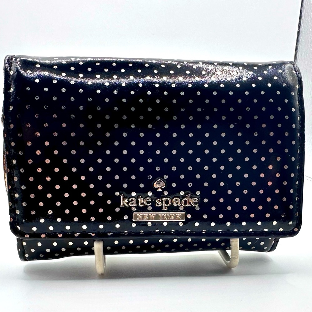 Kate Spade Small Black Polka Dot Mini Fold Snap Wallet, Black/Gold, Very Cute - Picture 1 of 4